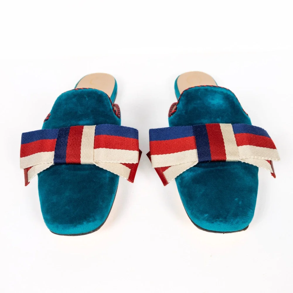 GUCCI Sylvie Bow Velvet Mule Flat Slippers in Pavone Red Blue Women's EU 37.5 - Picture 7 of 11